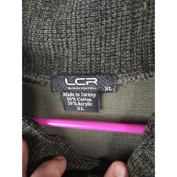 LCR Men's XL Black Edition Olive Green Shawl Color Leather Snap Accent Sweater - Picture 4 of 9